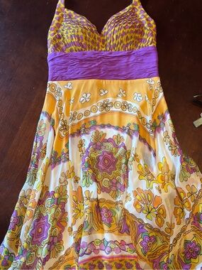 SANGRIA Size 6 Floral Yellow and Purple Boho Handkerchief Hem Skirt